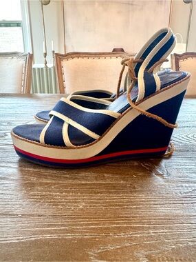 Michael Kors Navy, White and Red Platform Wedge Sandals
